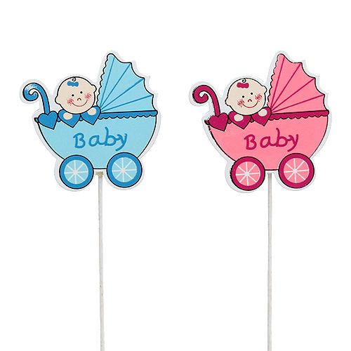 Floristik24 Decoratieve plug kinderwagen 6cm roze, blauw 16 st
