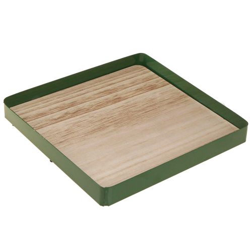 Decoratief dienblad metaal vierkant groen houten voet 25,5×25,5cm