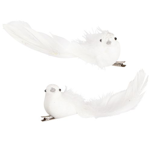 Artikel Decoratieve duiven op clip paar duiven met veren en glitter wit 16cm 2 st.
