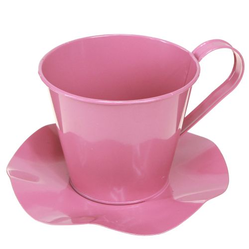 Artikel Decoratieve theekop metalen beker met bord roze Ø12 H10cm 8 st