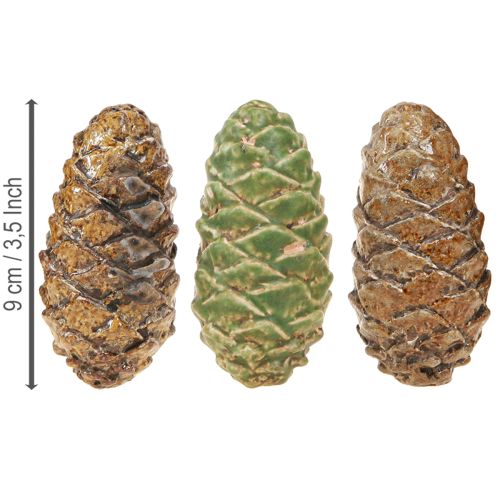 Artikel Decoratieve kegels keramiek assorti groen geel bruin 8,5cm 6 stuks