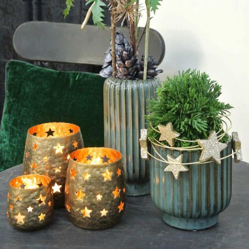 Floristik24 Keramische plantenbak, tafeldecoratie, gegolfde plantenbak groen, bruin Ø13.5cm H13cm