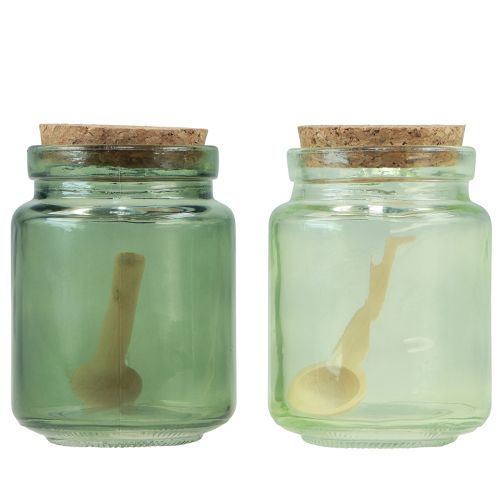 Artikel Decoratief glas met kurkdeksel en lepel groen Ø7cm H10cm 2st