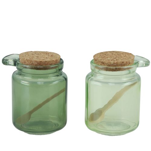 Artikel Decoratief glas met kurkdeksel en lepel groen Ø7cm H10cm 2st