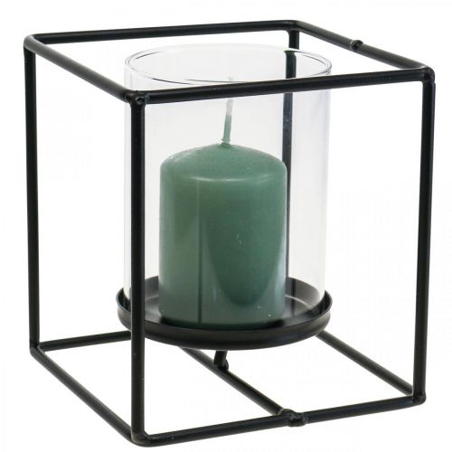 Decoratieve kandelaar zwart metaal lantaarn glas 12×12×13cm