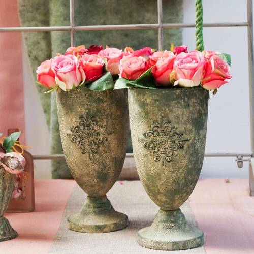Floristik24 Decoratieve metalen beker met ornament mosgroen, beige Ø16cm H31cm