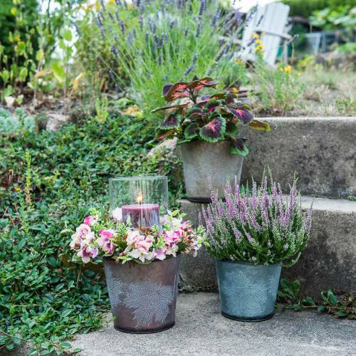 Floristik24 Decoratieve pot met bladeren zink metallic grijs, oranje, bruin Ø17cm H14.5cm 3st