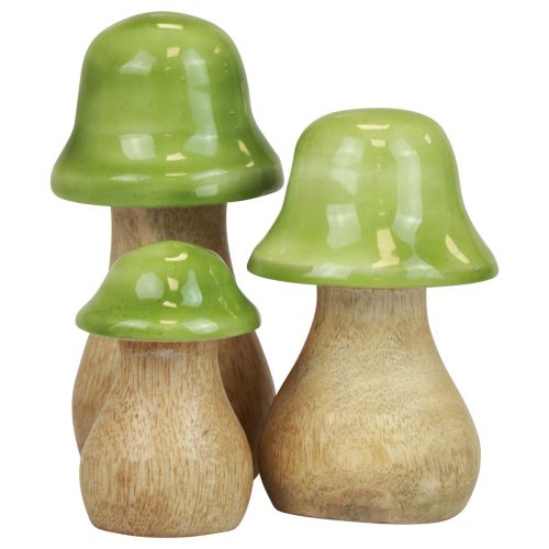 Artikel Decoratieve paddestoelen hout houten paddestoelen lichtgroen glanzend H6/8/10cm set van 3