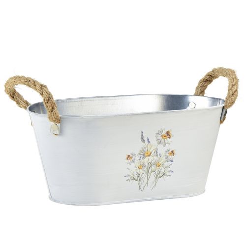 Decoratieve schaal ovaal metaal wit natuurlijke bloemen decor L26cm