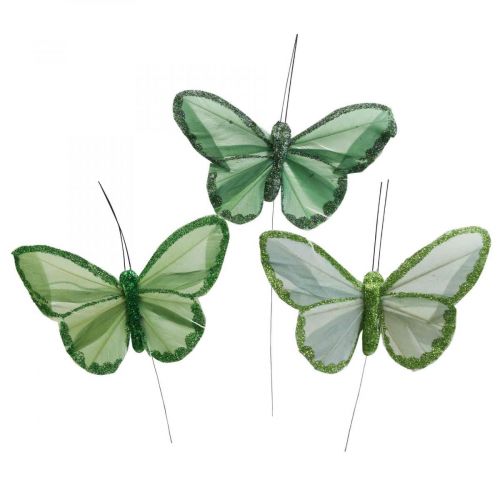 Floristik24 Decoratieve vlinders groene veren vlinders op draad 10cm 12st