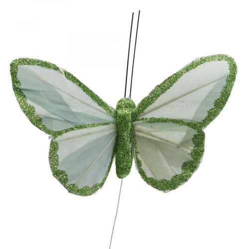 Artikel Decoratieve vlinders groene veren vlinders op draad 10cm 12st