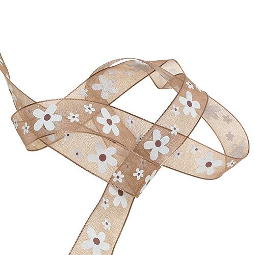 Floristik24 Decoratief lint lichtbruin met bloemmotief 15mm 20m