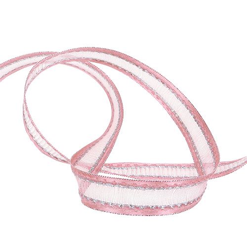 Floristik24 Decoratief lint roze met lurex strepen in zilver 15 mm 20 m