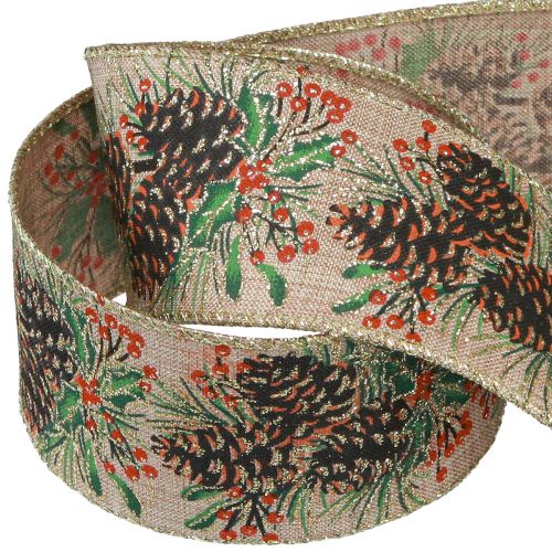 Floristik24 Decoratief lint Kerstkegels breed cadeaulint naturel 60mm 10m