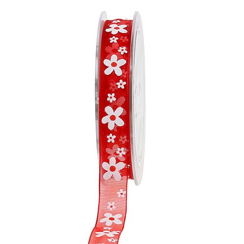Floristik24 Decoratief lint rood met bloemen 15mm 20m