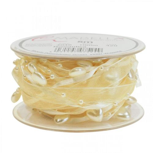 Artikel Decoratieband creme hartjes parels trouwdecoratie 10mm 5m