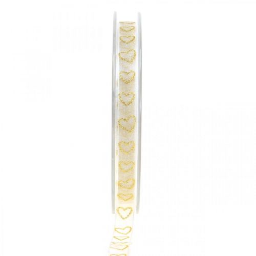 Floristik24 Decoratielint wit cadeaulint hartje goud glitter 10mm 20m