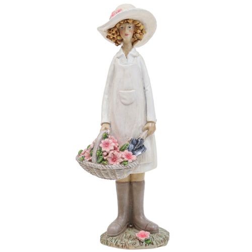 Floristik24 Decoratieve figuren tuinman decoratie vrouw met bloemen wit roze H21cm