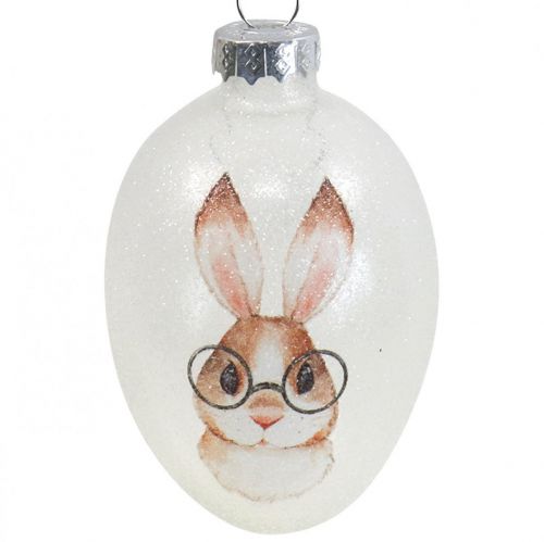 Artikel Deco hanger glas deco eieren konijn met bril glitter 5x8cm 6st