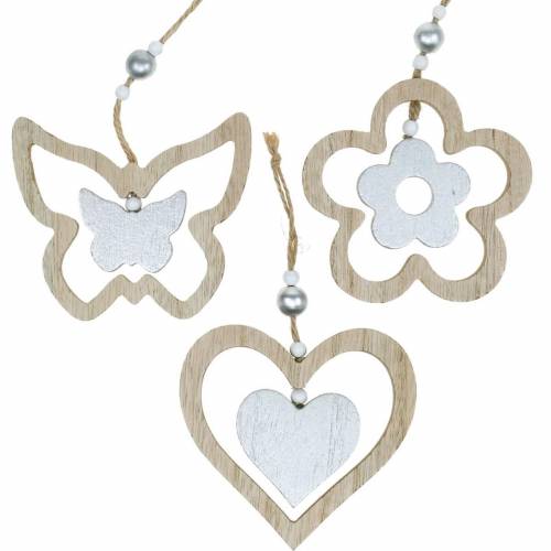 Decoratiehanger hart bloem vlinder natuur, zilver houtdecoratie 6st