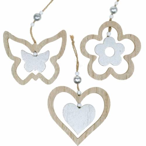 Floristik24 Decoratieve hanger hart bloem vlinder naturel, zilver houten decoratie 6 st