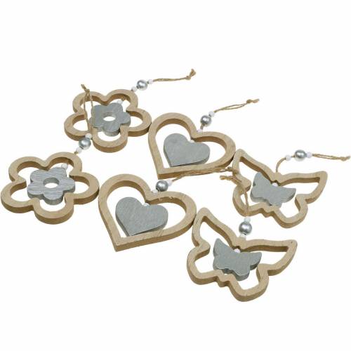 Floristik24 Decoratieve hanger hart bloem vlinder naturel, zilver houten decoratie 6 st