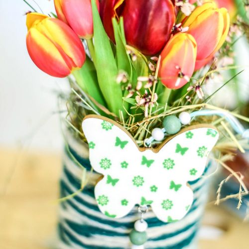 Floristik24 Hangdecoratie hart bloem vlinder wit, groen hout lentedecoratie 6 st