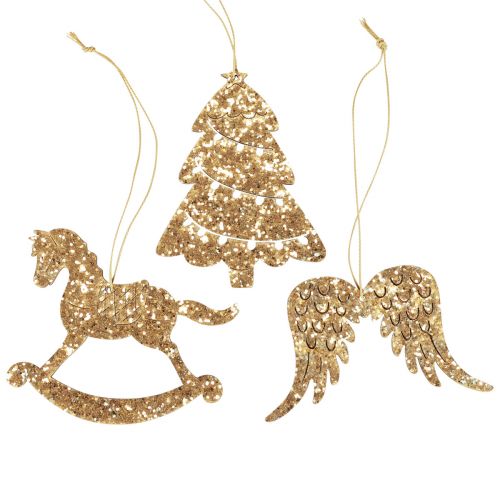 Floristik24 Decoratieve hanger hout goud glitter kerstboomversieringen 10cm 6 st