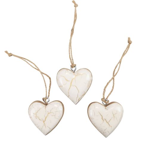 Artikel Decoratieve hanger hout houten harten naturel wit/goud craquelé 6cm 8 st