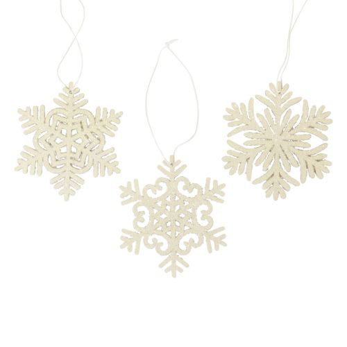 Decoratiehanger hout sneeuwvlokken deco wit glitter Ø10cm 12st