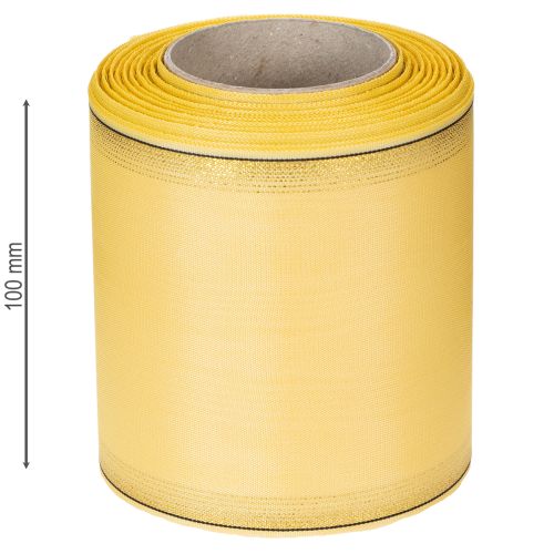 Artikel Decoratief moiré kranslint in geel met gouden rand, breedte 100 mm, lengte 25 m voor bloemschikken en decoratie.