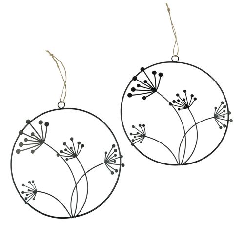 Artikel Decoratieve ring metaal hangdecoratie zwarte bloemen Ø23cm 2 st