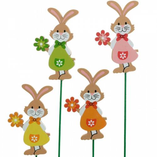 Floristik24 Decoratieve plug Paashaas met bloem Paasdecoratie houten konijntjes op stokje 24 stuks