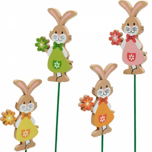 Floristik24 Decoratieve plug Paashaas met bloem Paasdecoratie houten konijntjes op stokje 24 stuks