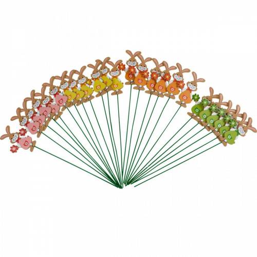 Floristik24 Decoratieve plug Paashaas met bloem Paasdecoratie houten konijntjes op stokje 24 stuks