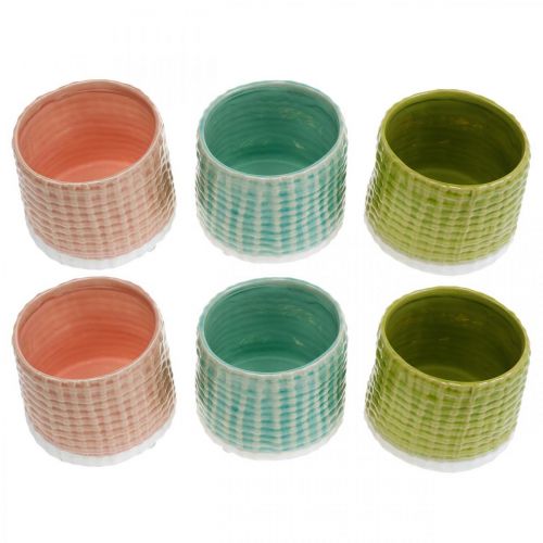Floristik24 Keramiek plantenpot, mini plantenpot, keramische decoratie, sierpot, mandpatroon mint / groen / roze Ø7,5cm 6st