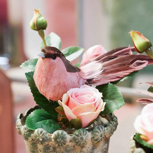 Floristik24 Veer vogel op draad roze 12cm 4st