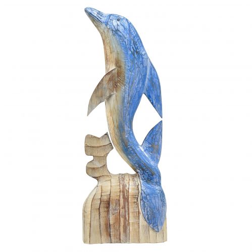 Artikel Dolfijnfiguur maritiem houten decoratie handgesneden blauw H59cm