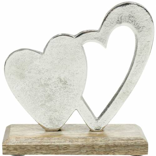 Floristik24 Decoratief hart zilver, metalen hart op mangohout, Valentijnsdag, tafeldecoratie dubbel hart