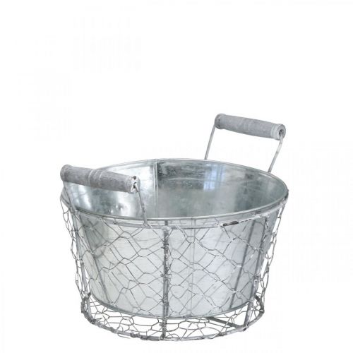 Plantenmand met inzet, draadmand, plantenbak veer zilver, gewassen wit, shabby chic Ø22cm H17.5cm