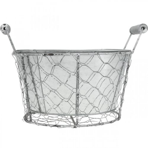 Artikel Plantenmand met inzet, draadmand, plantenbak veer zilver, gewassen wit, shabby chic Ø22cm H17.5cm