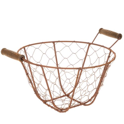 Vintage ronde draadmand met houten handvatten, metalen mand, roestkleurige afwerking, Ø22cm kopen | Floristik24.nl
