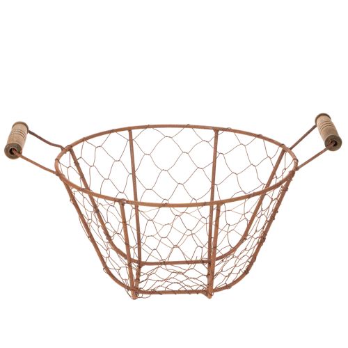 Vintage ronde draadmand met houten handvatten, metalen mand, roestkleurige afwerking, Ø22cm | Floristik24.nl
