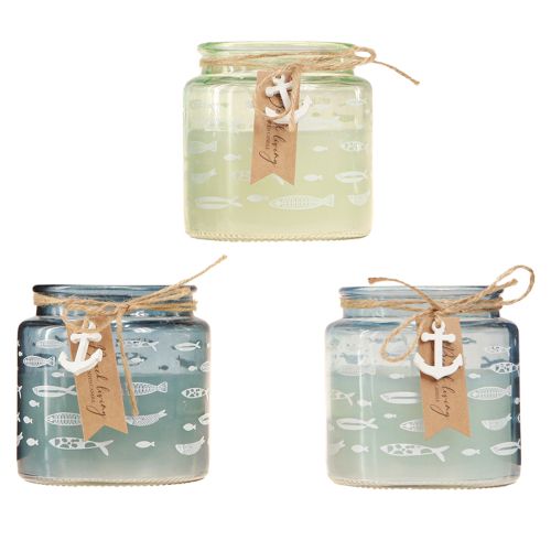Artikel Geurkaarsen in glas viskaarsen maritiem blauw groen H11cm 3st