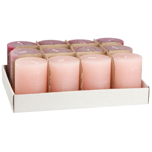 Artikel Effen kaarsen zuilen roze bes 70x100mm 12 st