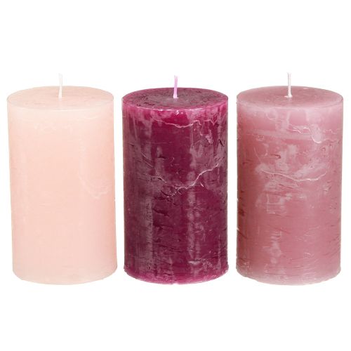 Artikel Effen stompkaarsen 3 kleuren Berry 60×100mm 12 st