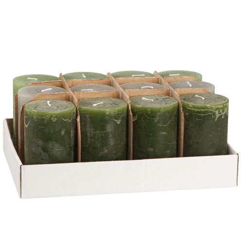 Artikel Stompkaarsen effen 3 kleuren groen 60×100mm 12 st