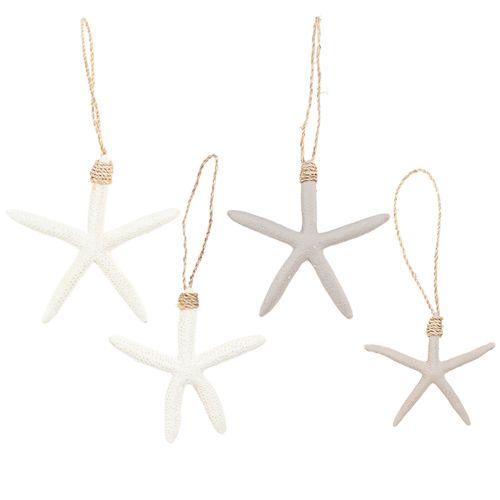 Echte zeesterdecoratie maritieme hanger grijs wit 10-14cm 4st