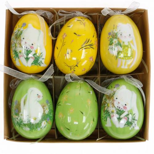 Floristik24 Decoratief paasei om op te hangen geel, groen assorti H7cm 6st