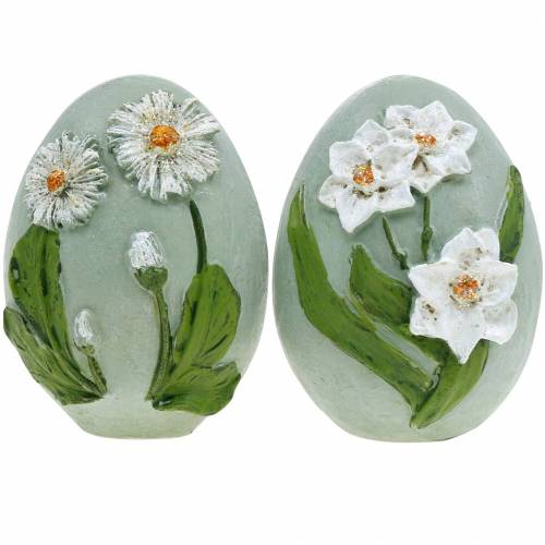 Paaseieren met bloemmotief madeliefjes en narcissen blauw, groen gips assorti 2st